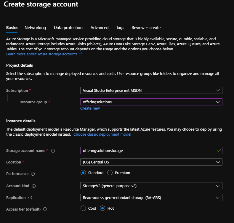 Azure Dashboard Naming New Storage Account