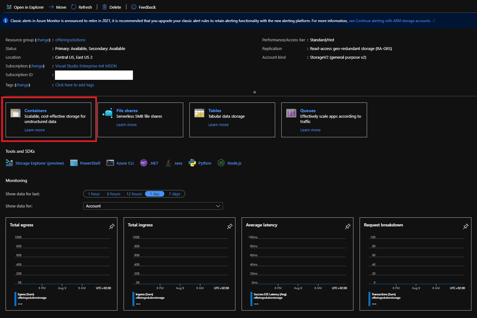 Azure Storage Account Resource Container Button