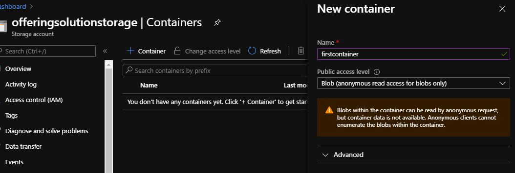 Azure Storage Account Resource Container Button