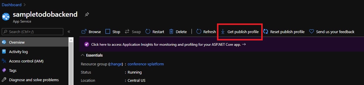 Screenshot of Azure Web App