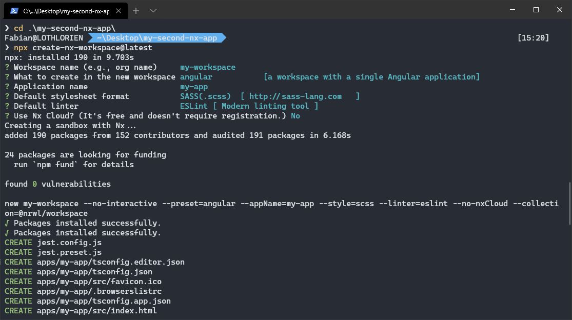Console output of create-nx-workspace asking for the preset and application name