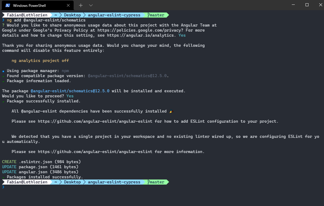 Screenshot of console adding eslint initially