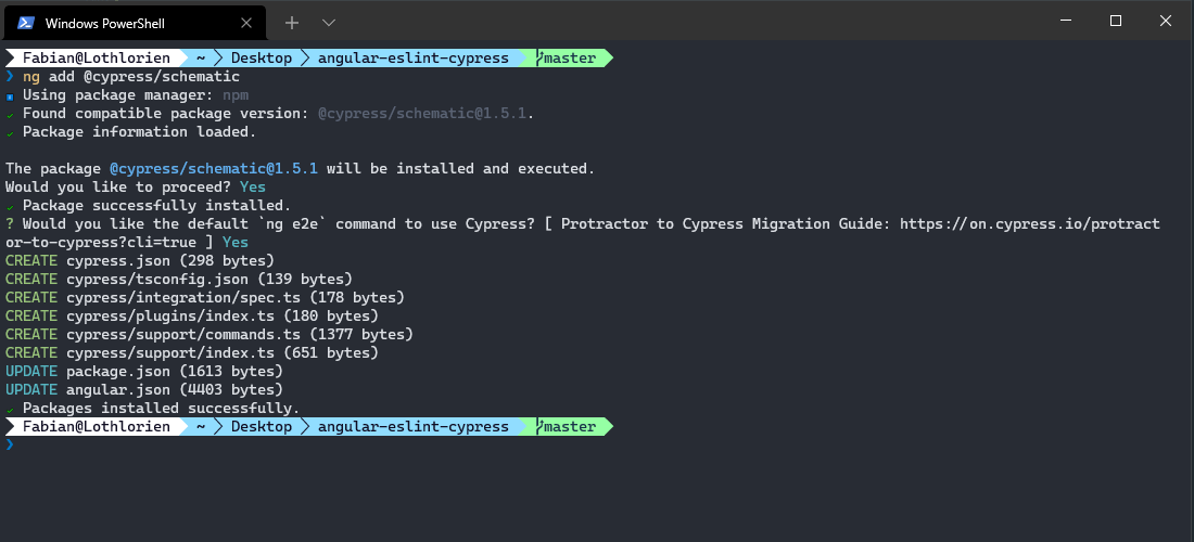 Screenshot of console adding cypress